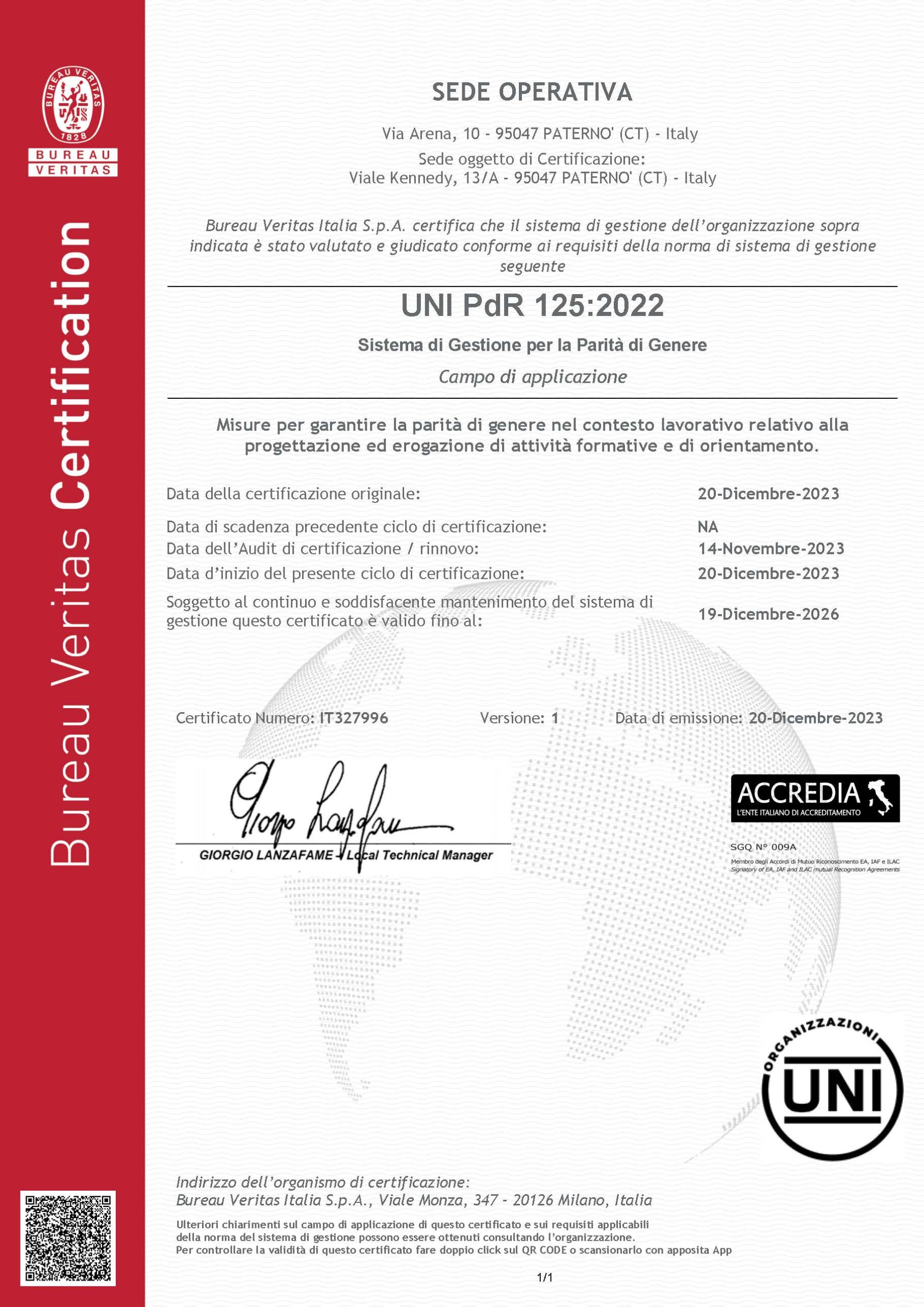 Certificate IT327996 - UNI PdR 125.2022 - GALPE Soc. Coop. Sociale